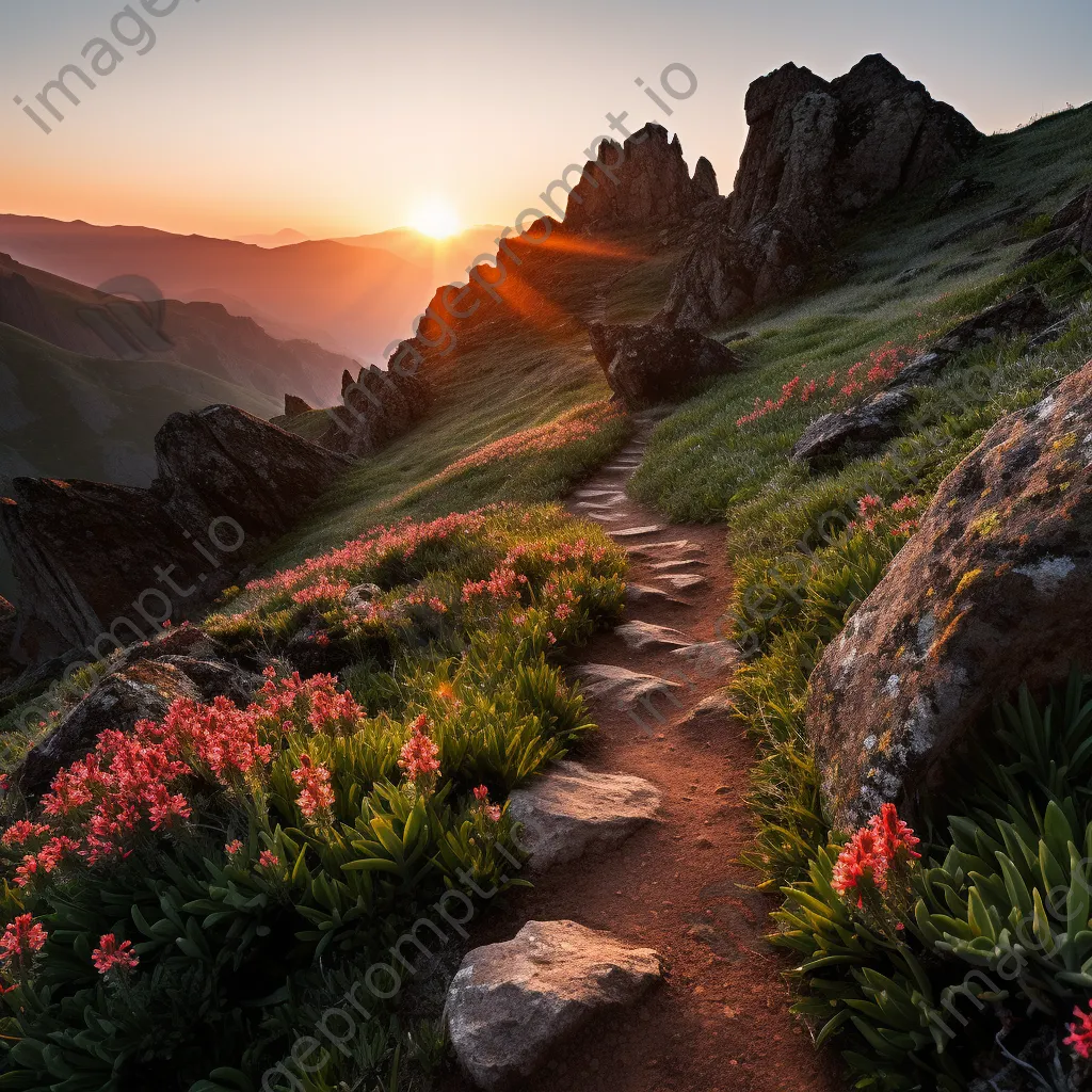 Mountain trail with wildflowers at sunrise - Image 2