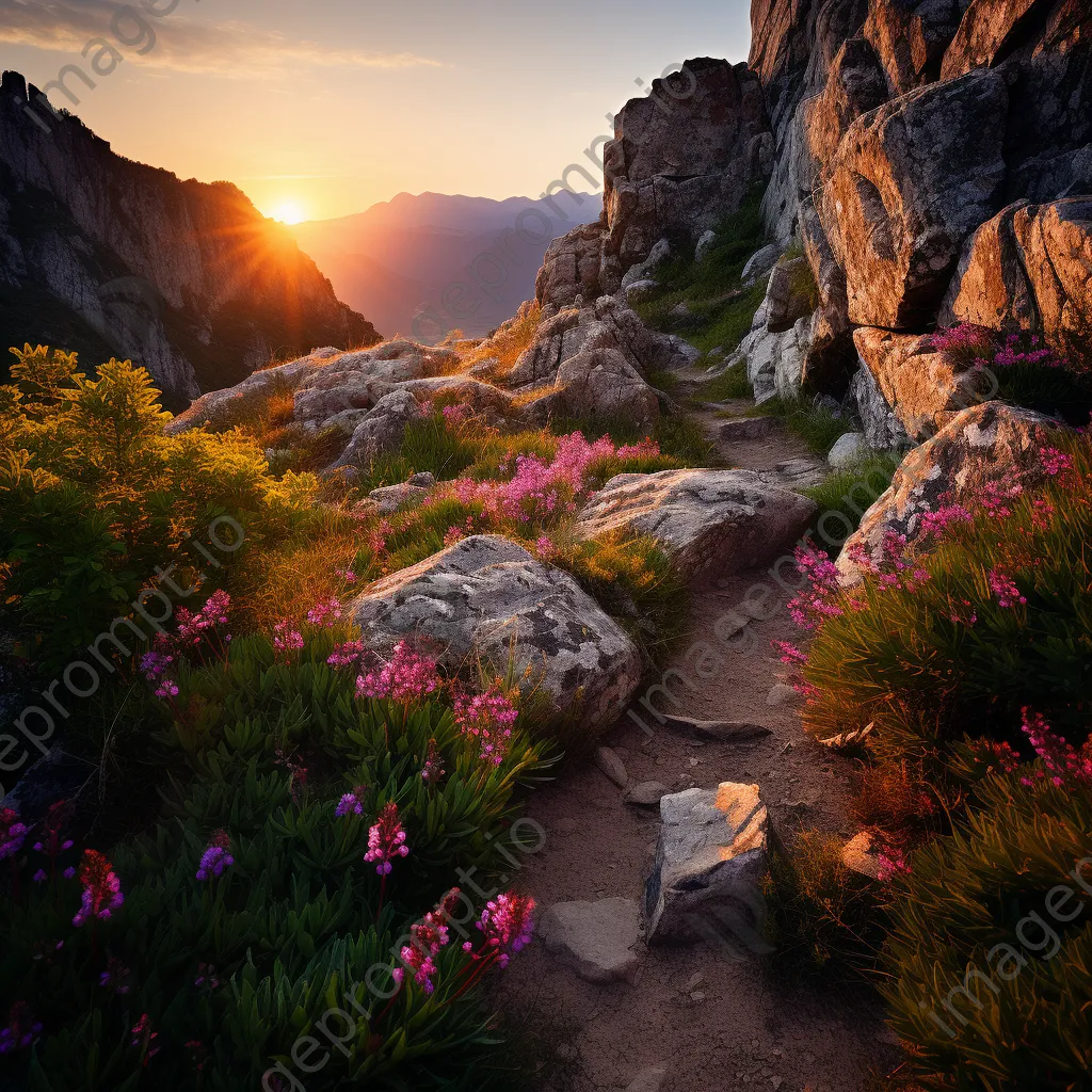 Mountain trail with wildflowers at sunrise - Image 3