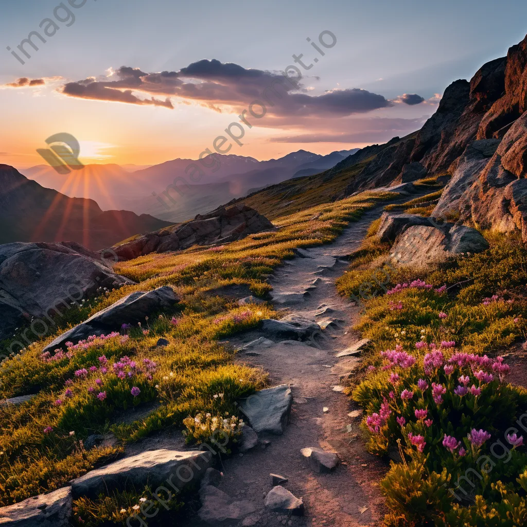 Mountain trail with wildflowers at sunrise - Image 4