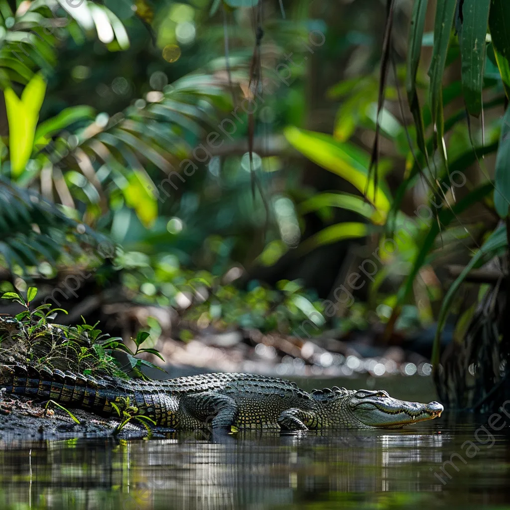 Crocodile basking in the sun on the riverbank. - Image 1