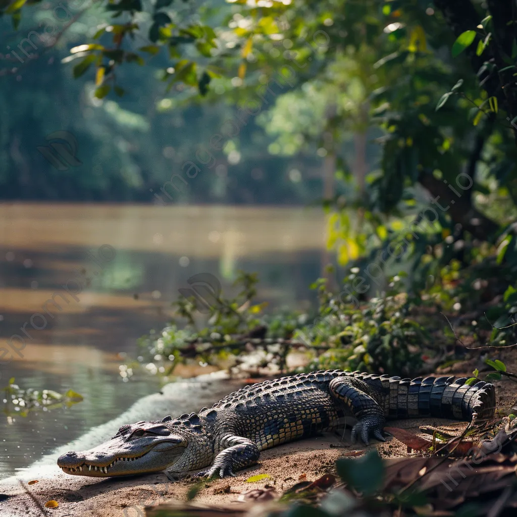 Crocodile basking in the sun on the riverbank. - Image 3