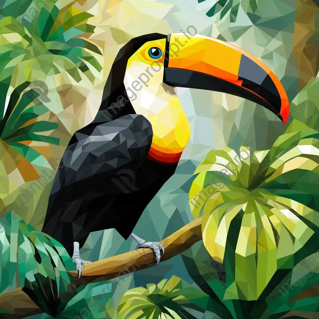 Geometric representation of a tropical toucan in low poly style with vibrant yellow contrast on lush green foliage - Image 1