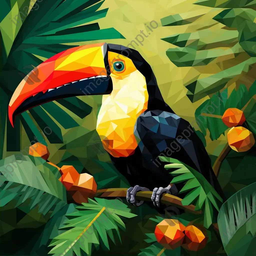 Geometric representation of a tropical toucan in low poly style with vibrant yellow contrast on lush green foliage - Image 2