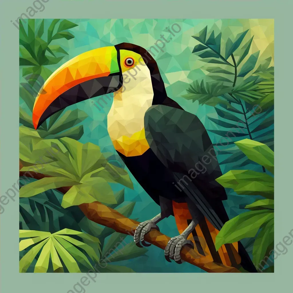 Geometric representation of a tropical toucan in low poly style with vibrant yellow contrast on lush green foliage - Image 4