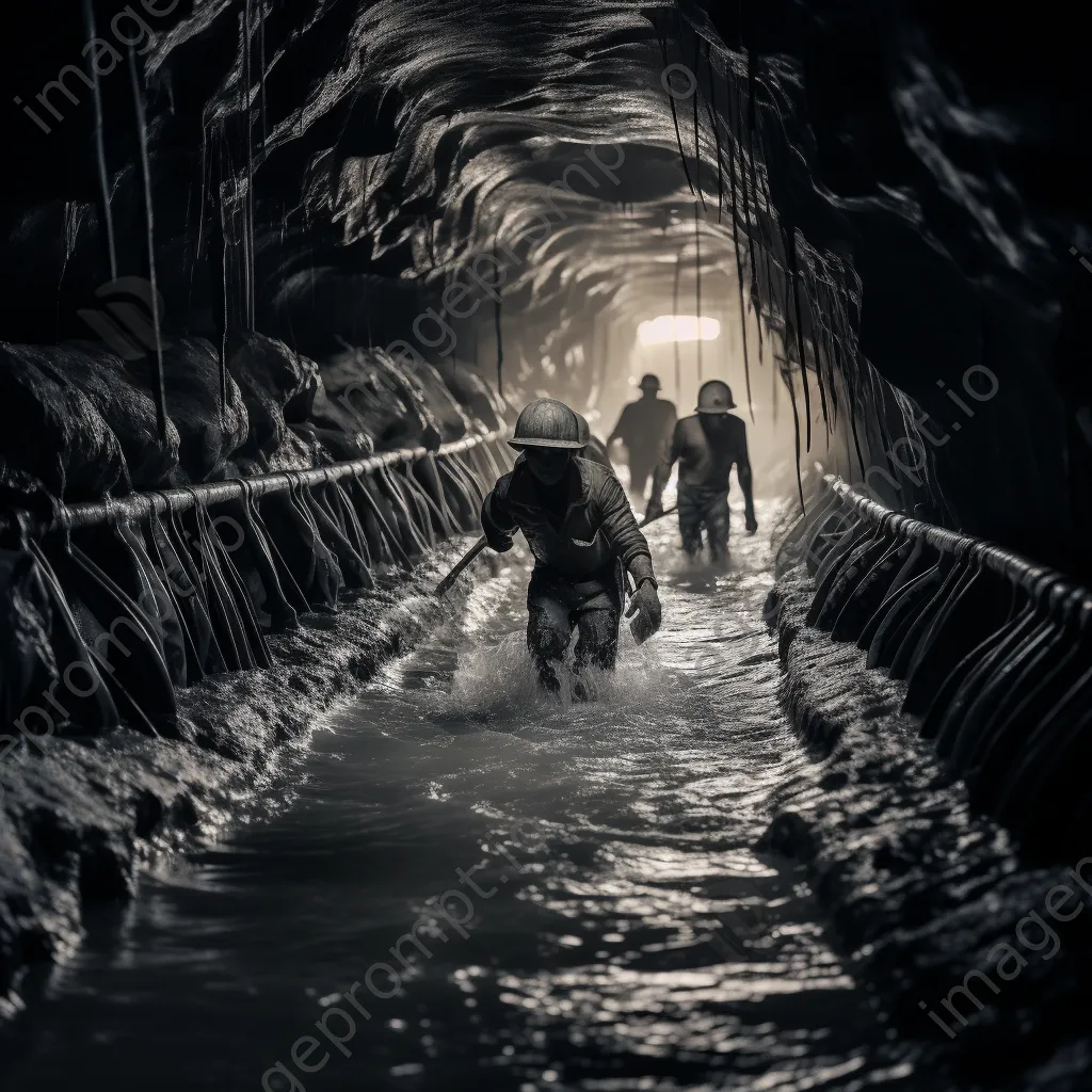 Miners laboring in a traditional salt mine in black and white - Image 1