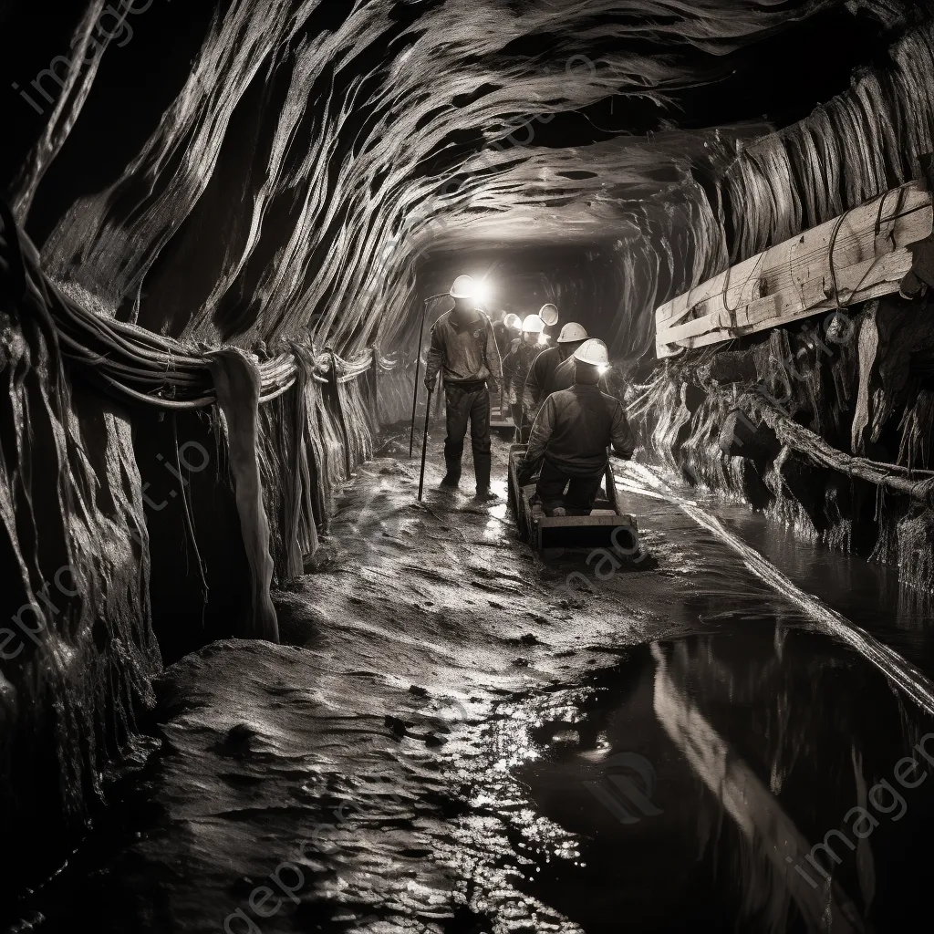 Miners laboring in a traditional salt mine in black and white - Image 3