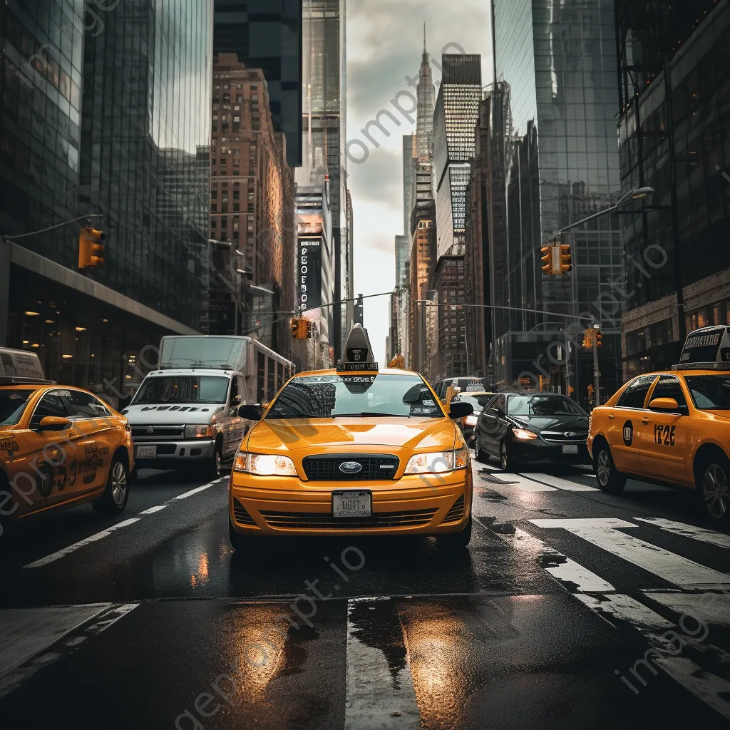 Yellow taxi cab in a busy city intersection - Image 1