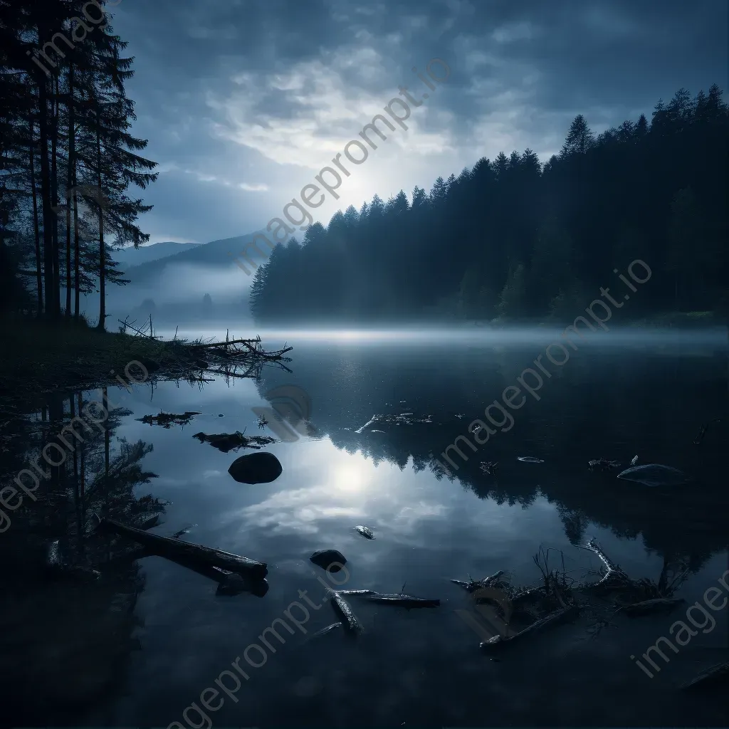 Tranquil lake at night with reflection of the moon on misty water - Image 1