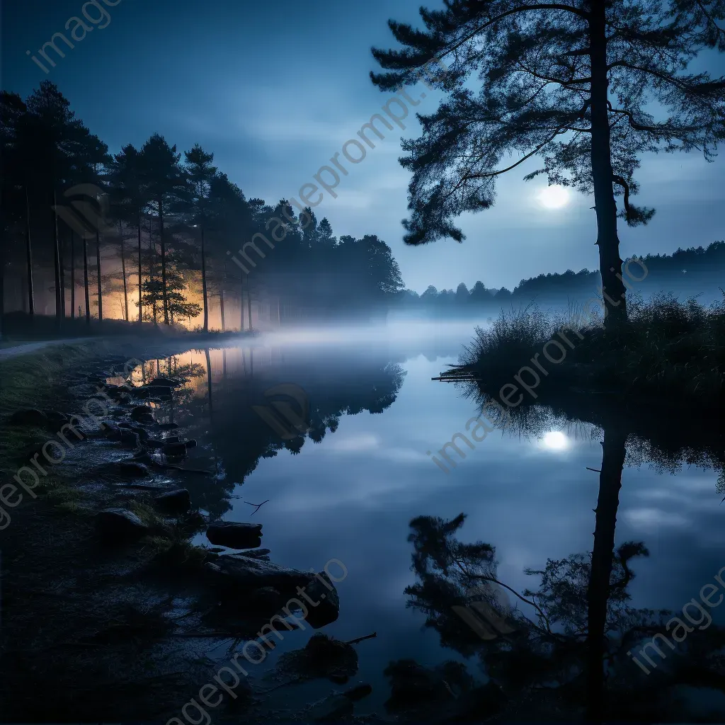 Tranquil lake at night with reflection of the moon on misty water - Image 2