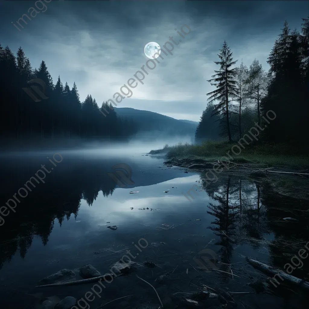 Tranquil lake at night with reflection of the moon on misty water - Image 3