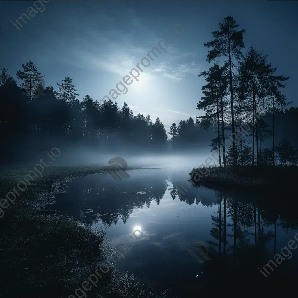 Tranquil lake at night with reflection of the moon on misty water - Image 4