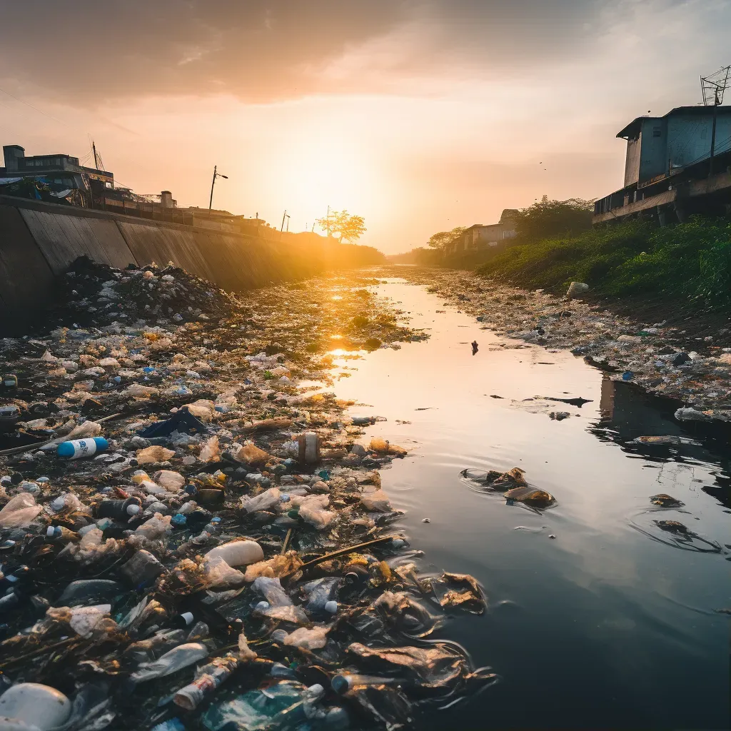 Polluted river with plastic waste depicting environmental issue - Image 1