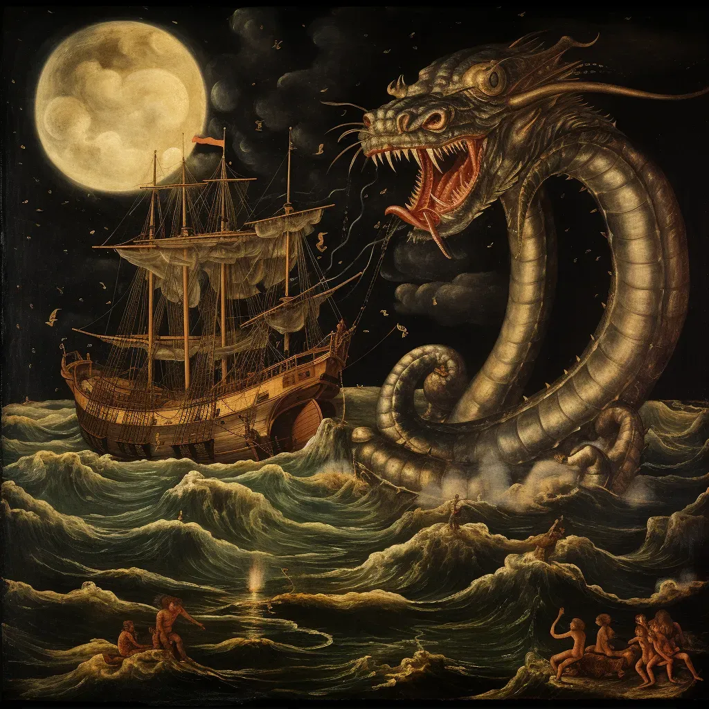 Sea serpent wrapping around sailor