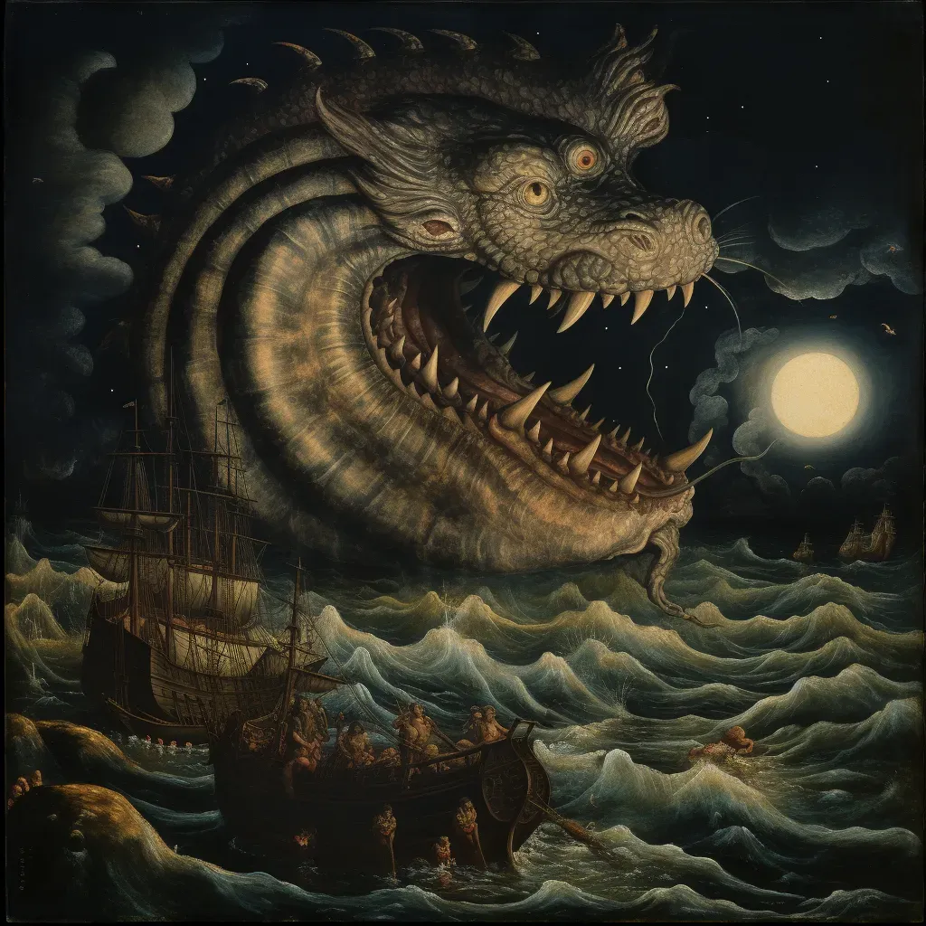 Sea serpent wrapping around sailor