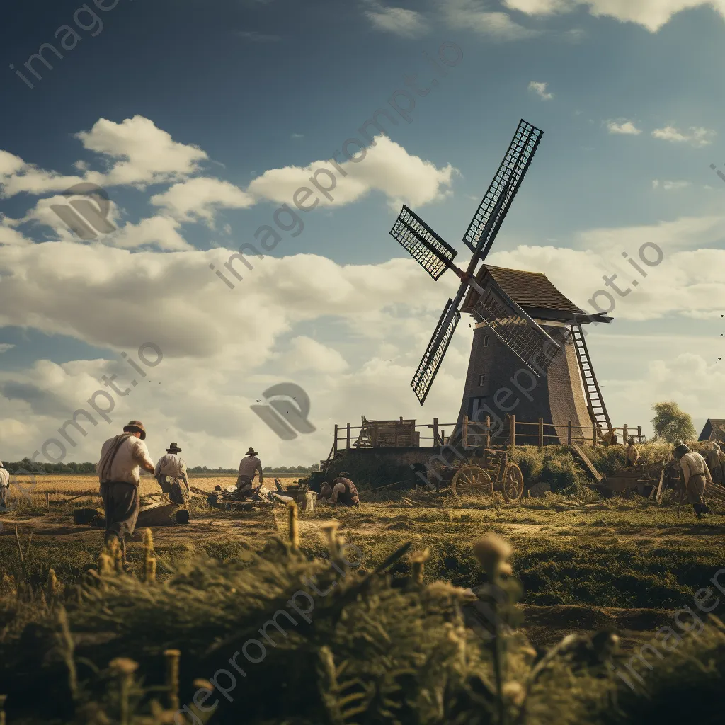 Farmers working near traditional windmill - Image 1