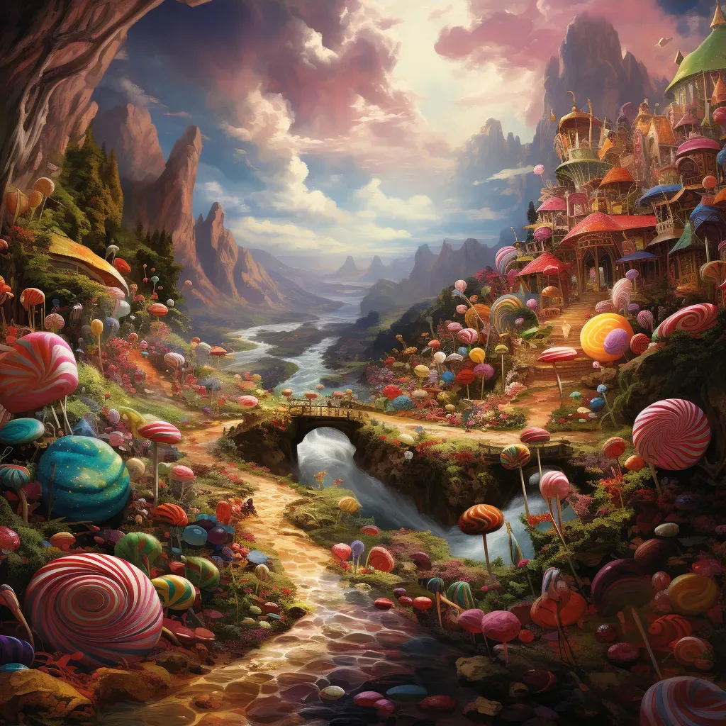 Colorful candy land scene with chocolate rivers and gumdrop trees - Image 3