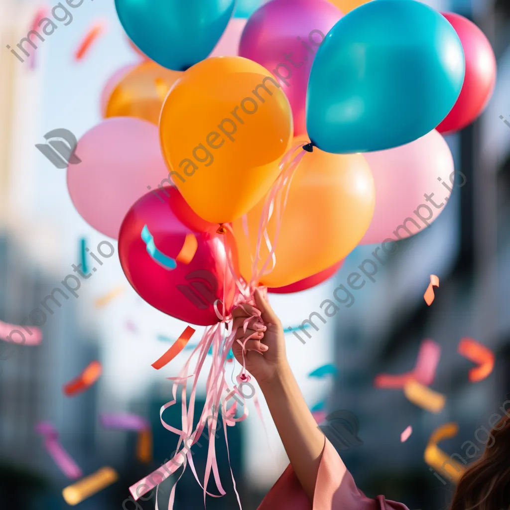 Graduate holding diploma with colorful balloons in background - Image 1