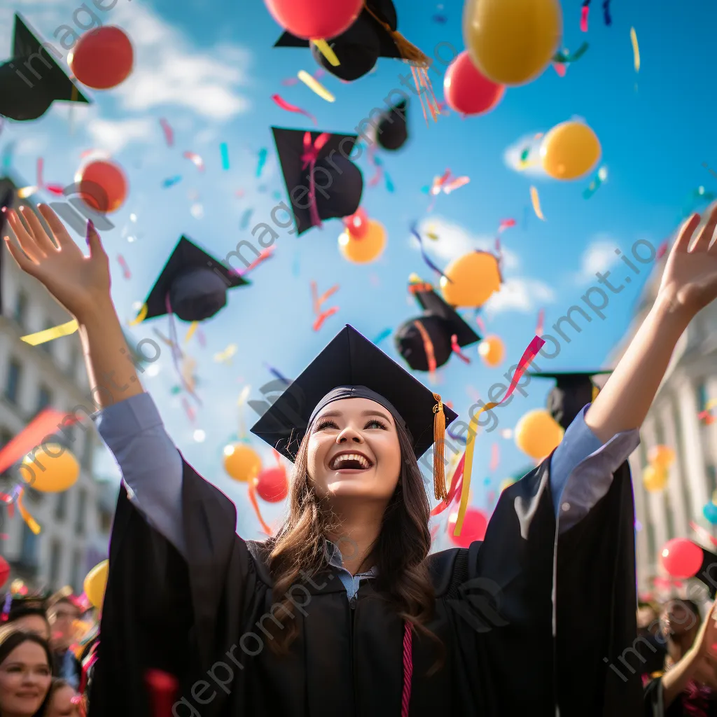 Graduate holding diploma with colorful balloons in background - Image 2