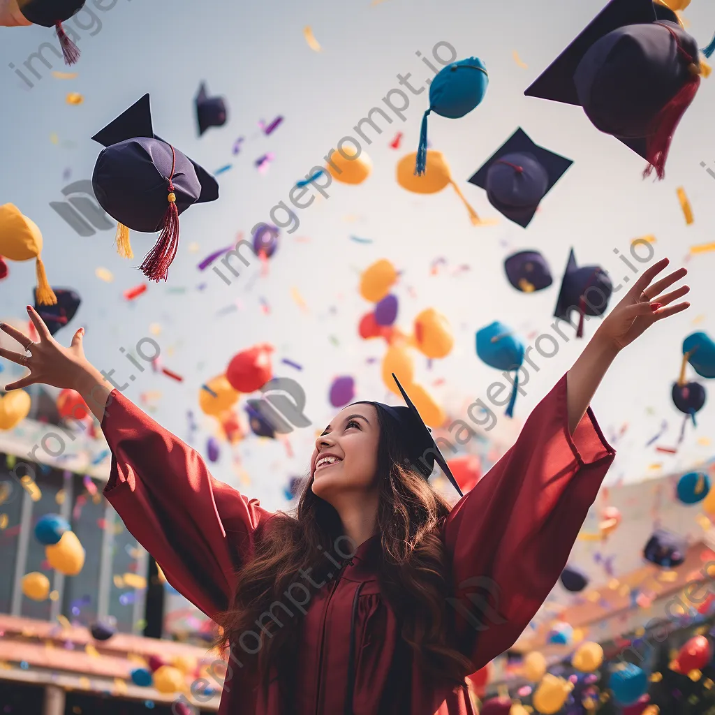 Graduate holding diploma with colorful balloons in background - Image 3