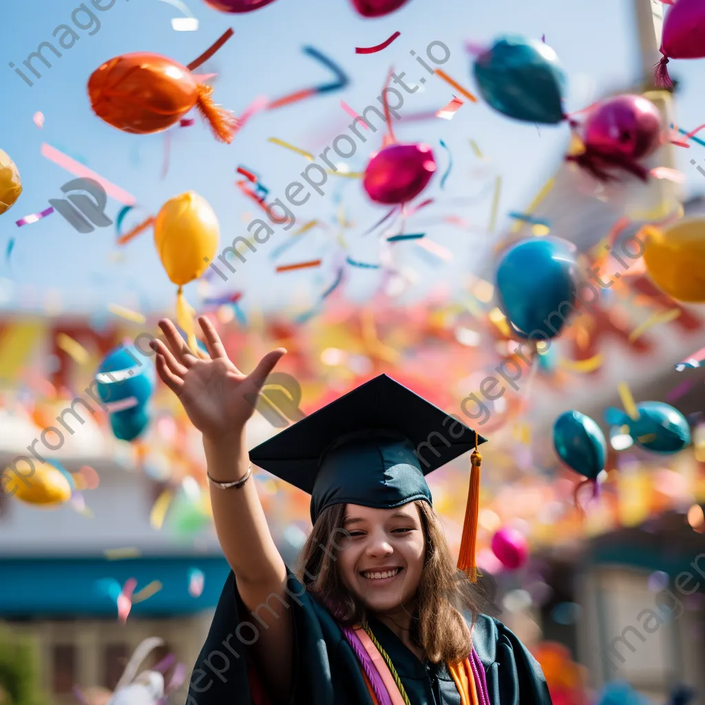 Graduate holding diploma with colorful balloons in background - Image 4