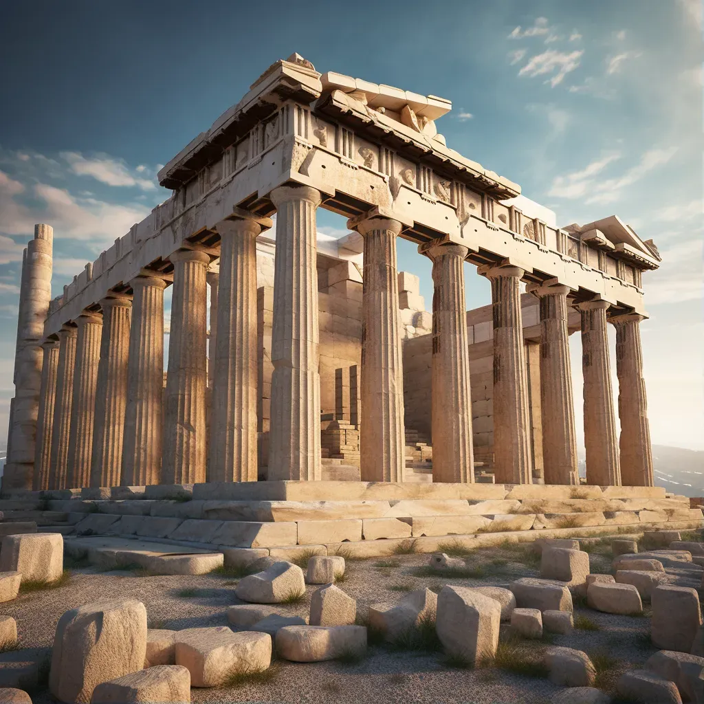 Ancient Greek ruins featuring the iconic Doric columns and intricate friezes of the Parthenon atop the Acropolis in Athens - Image 1