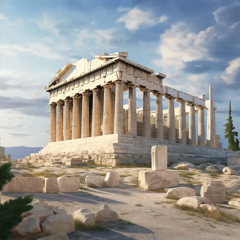 Ancient Greek ruins featuring the iconic Doric columns and intricate friezes of the Parthenon atop the Acropolis in Athens - Image 2