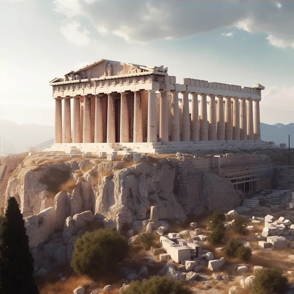 Ancient Greek ruins featuring the iconic Doric columns and intricate friezes of the Parthenon atop the Acropolis in Athens - Image 4