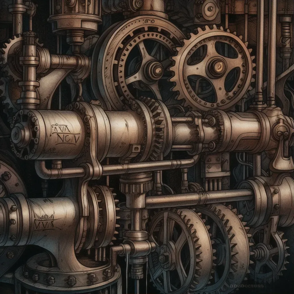 Artistic depiction of a vintage steam engine with gleaming pistons and gears - Image 1