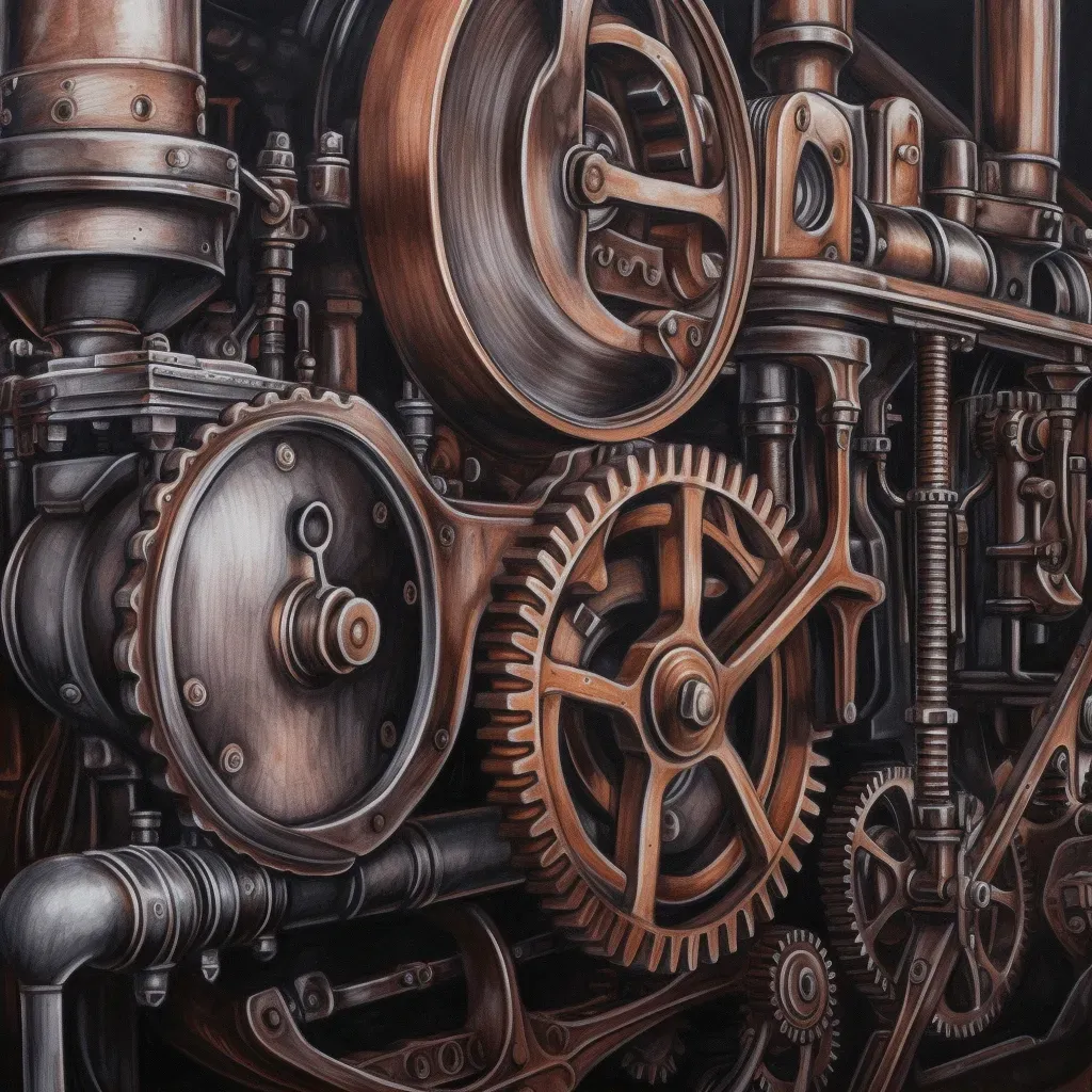 Artistic depiction of a vintage steam engine with gleaming pistons and gears - Image 2