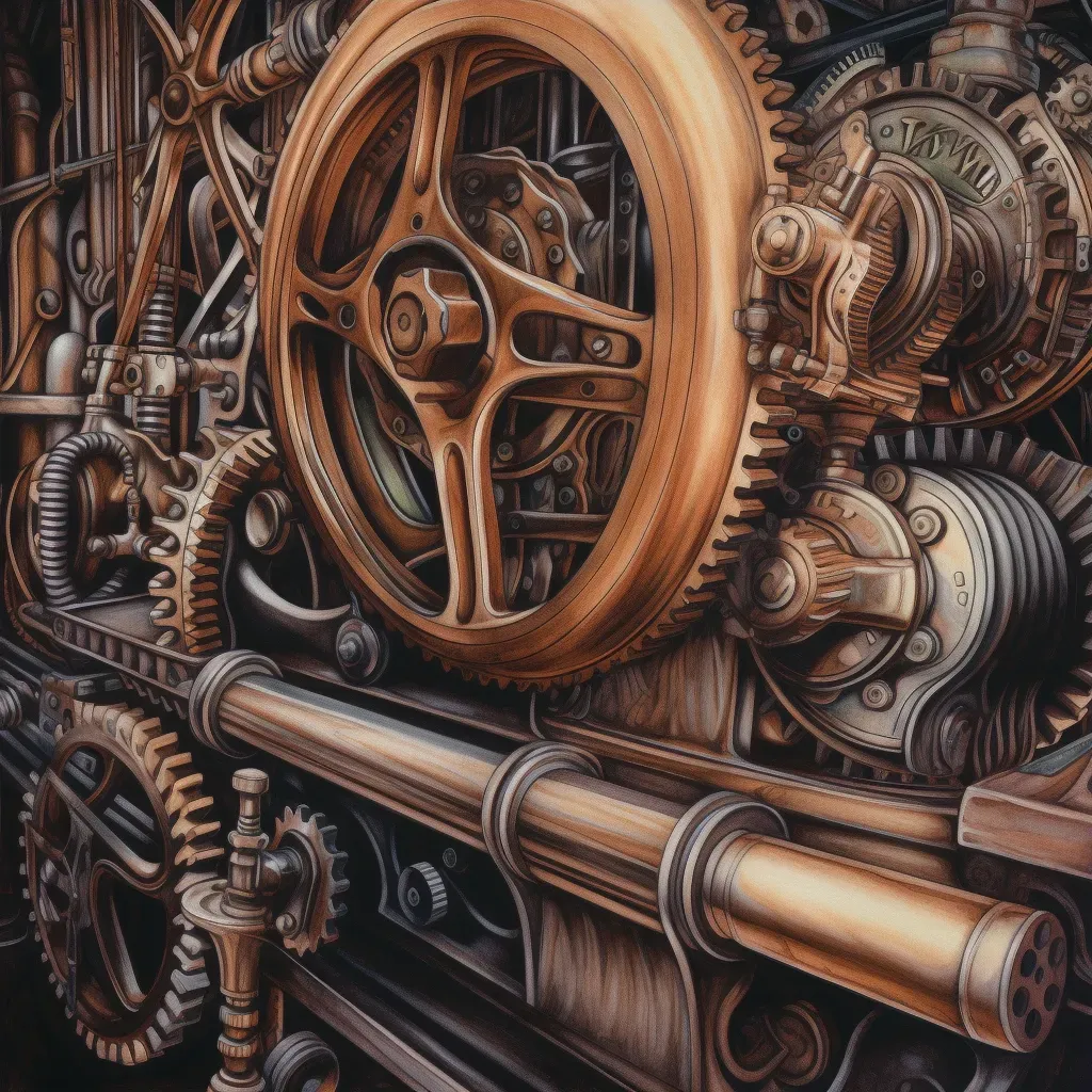 Artistic depiction of a vintage steam engine with gleaming pistons and gears - Image 3