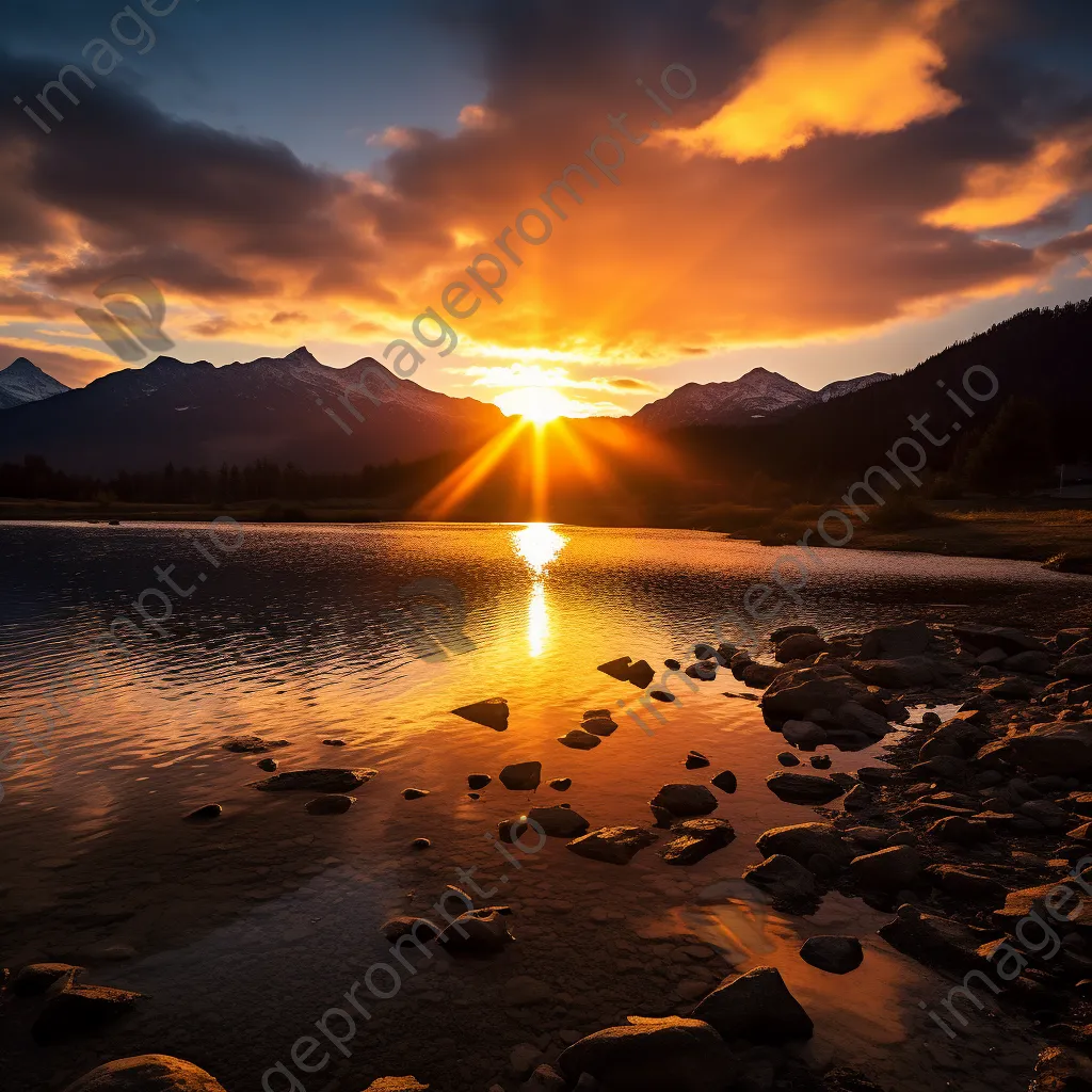 Alpine lake at sunset with golden reflections and mountains - Image 1