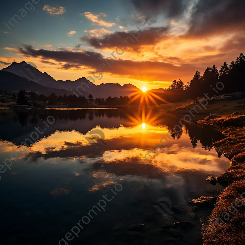 Alpine lake at sunset with golden reflections and mountains - Image 2