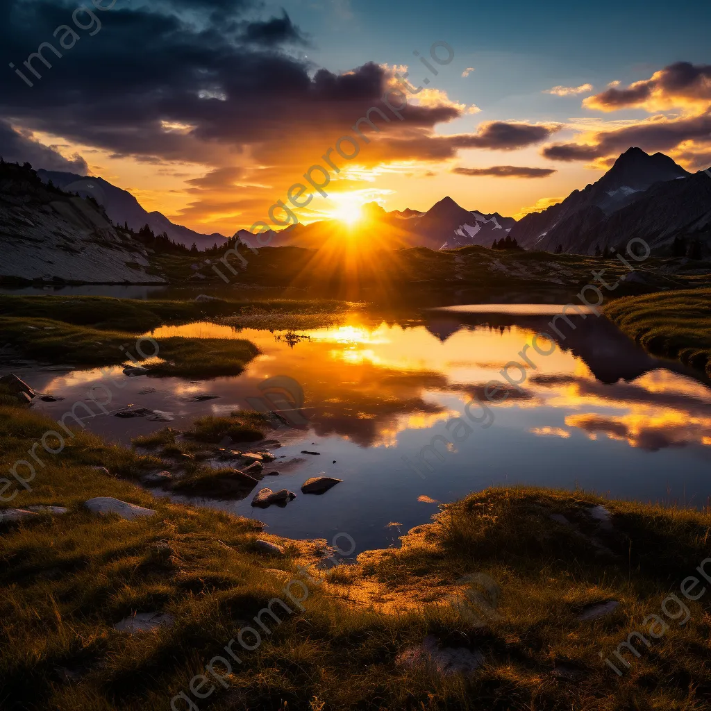 Alpine lake at sunset with golden reflections and mountains - Image 3