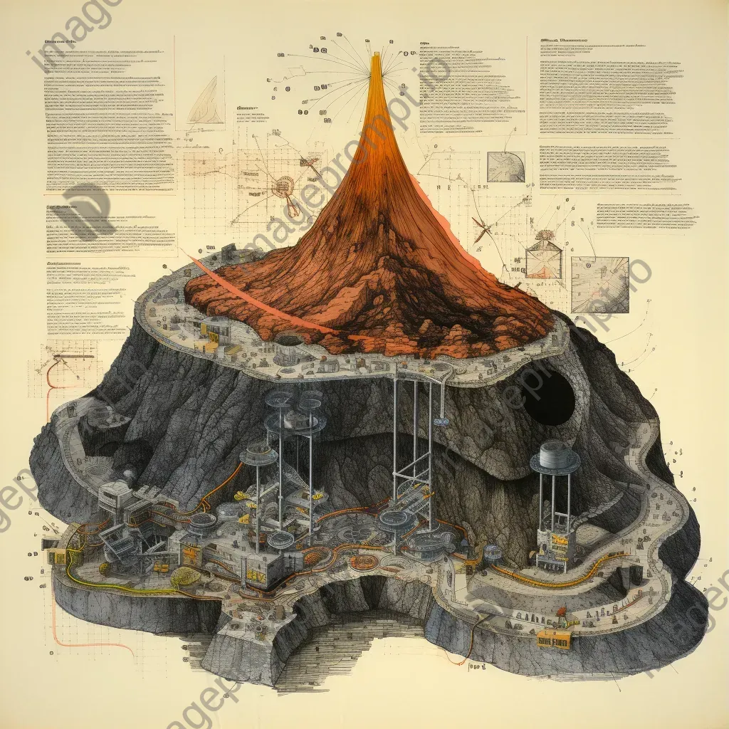 Detailed ink drawing of a volcano cross-section showing geological layers, magma chamber, and eruption phases - Image 1