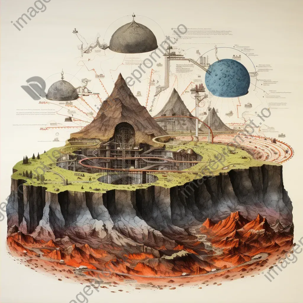 Detailed ink drawing of a volcano cross-section showing geological layers, magma chamber, and eruption phases - Image 2