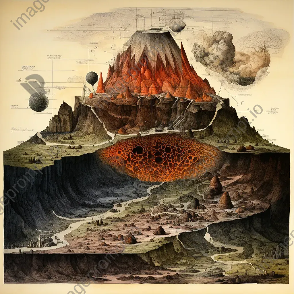 Detailed ink drawing of a volcano cross-section showing geological layers, magma chamber, and eruption phases - Image 3