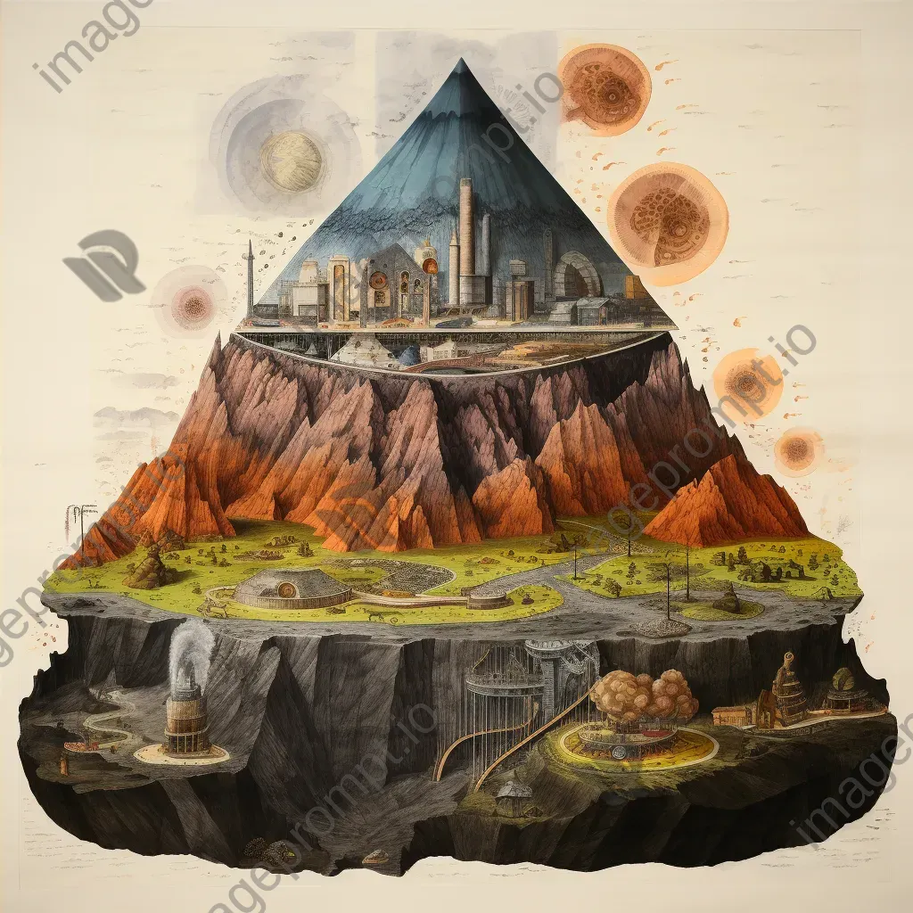 Detailed ink drawing of a volcano cross-section showing geological layers, magma chamber, and eruption phases - Image 4