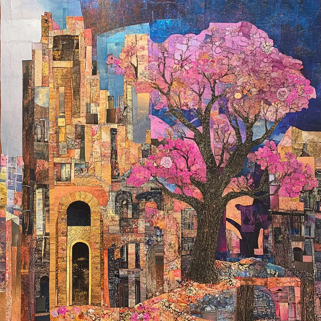 Mixed media collage of bombed buildings transforming into blossoming trees - Image 1