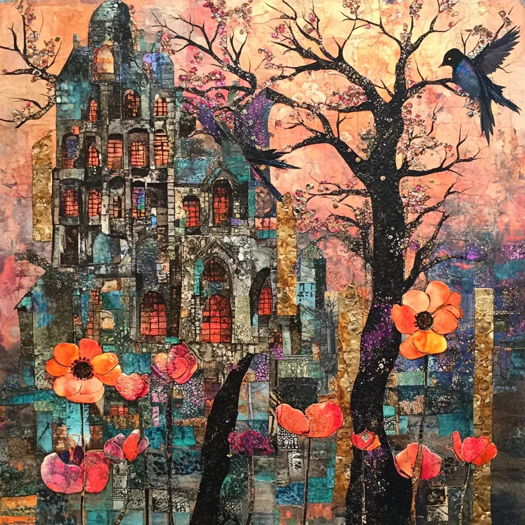 Mixed media collage of bombed buildings transforming into blossoming trees - Image 3