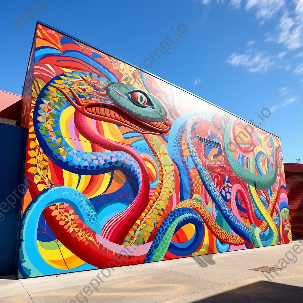 Vibrant graffiti-style mural of Australian Aboriginal Rainbow Serpent - Image 1