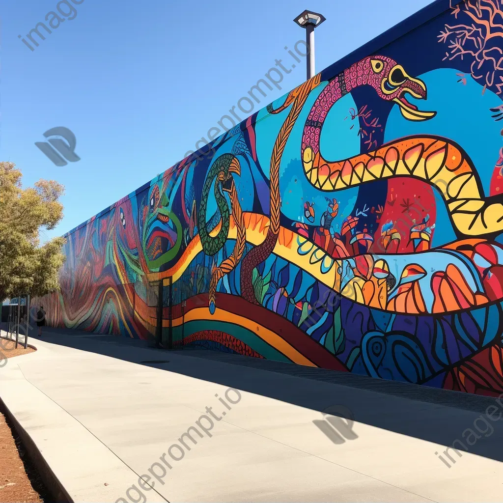 Vibrant graffiti-style mural of Australian Aboriginal Rainbow Serpent - Image 2