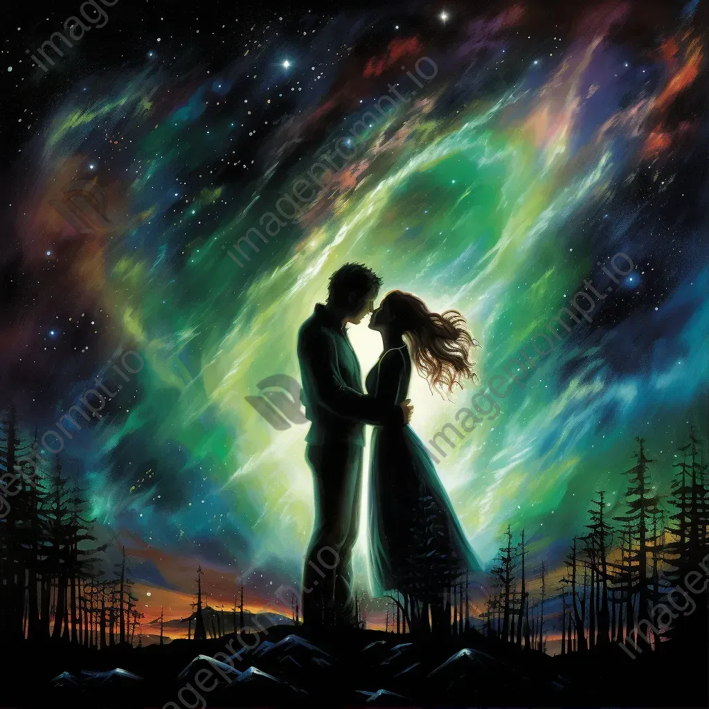 Dreamlike painting of a couple sharing a kiss under the aurora borealis - Image 1