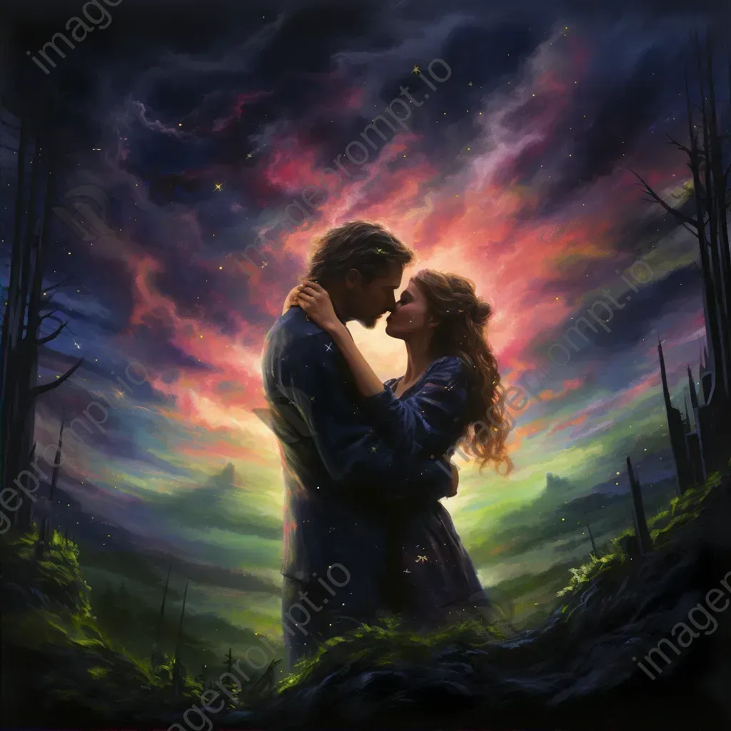 Dreamlike painting of a couple sharing a kiss under the aurora borealis - Image 2