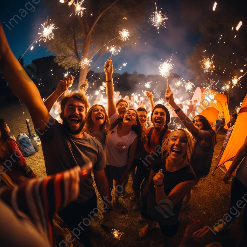 Friends dancing around a bright bonfire at night - Image 1