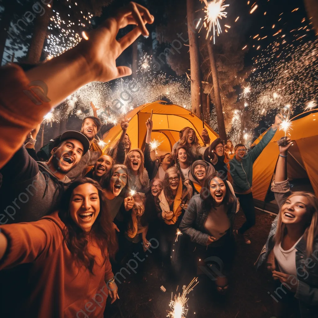 Friends dancing around a bright bonfire at night - Image 2