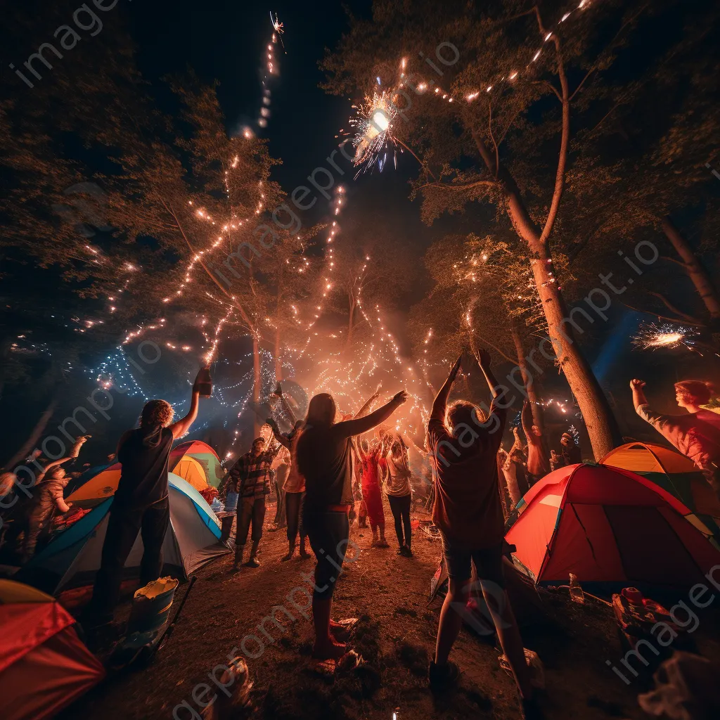 Friends dancing around a bright bonfire at night - Image 3