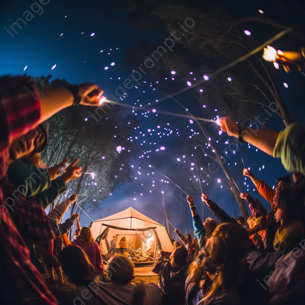 Friends dancing around a bright bonfire at night - Image 4