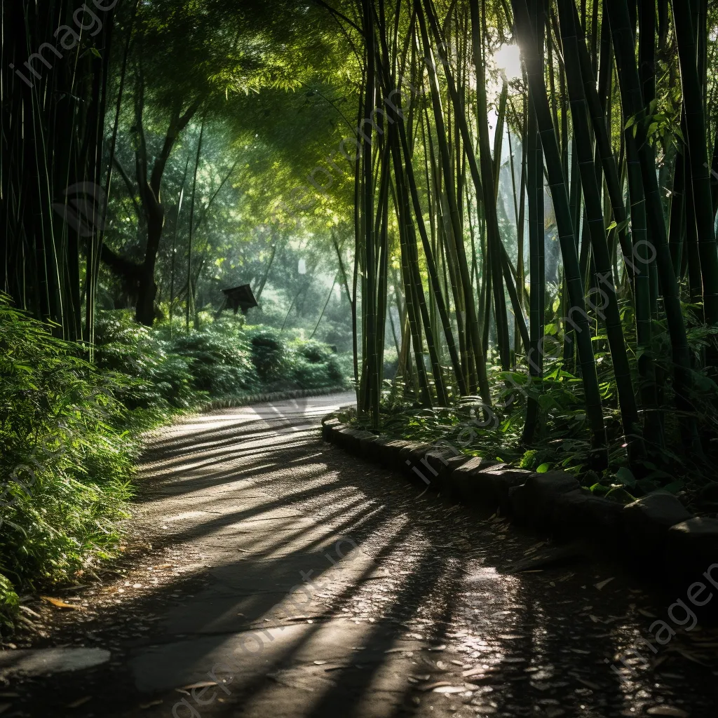 Winding path through a dense bamboo forest under sunlight - Image 1