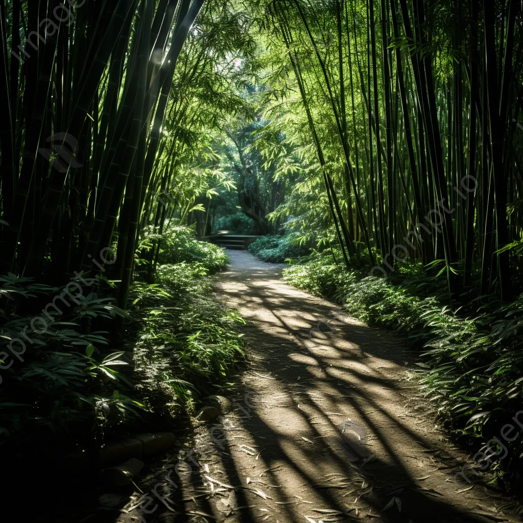 Winding path through a dense bamboo forest under sunlight - Image 2