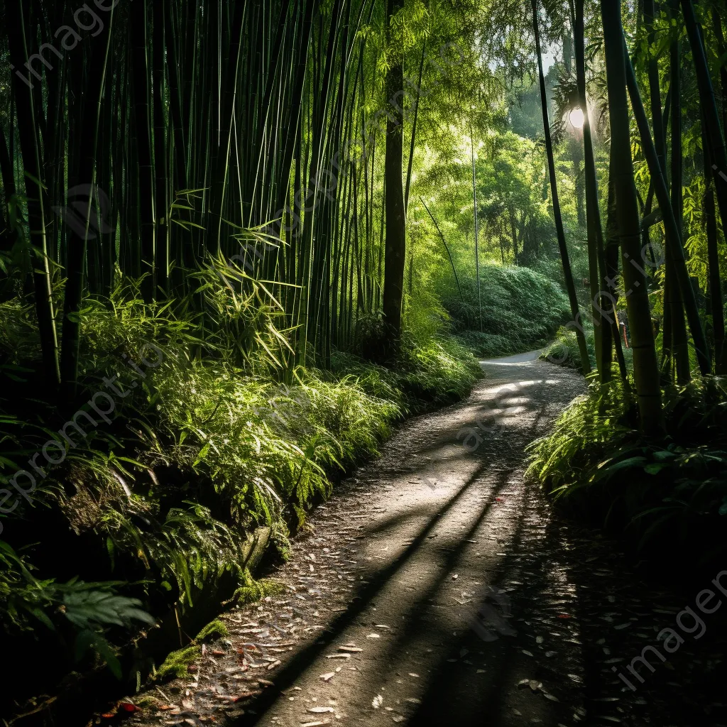 Winding path through a dense bamboo forest under sunlight - Image 3